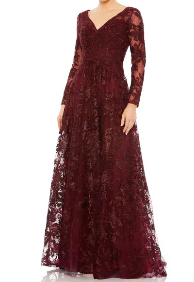 Mac Duggal Embellished Illusion Long Sleeve Beaded Lace Gown In Mahogany In Burgundy