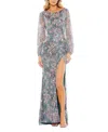 Mac Duggal Women's Embellished Illusion Long Sleeve Faux Wrap Gown In Grey Multi