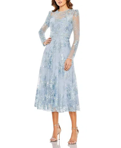 MAC DUGGAL EMBELLISHED ILLUSION LONG SLEEVE MIDI DRESS