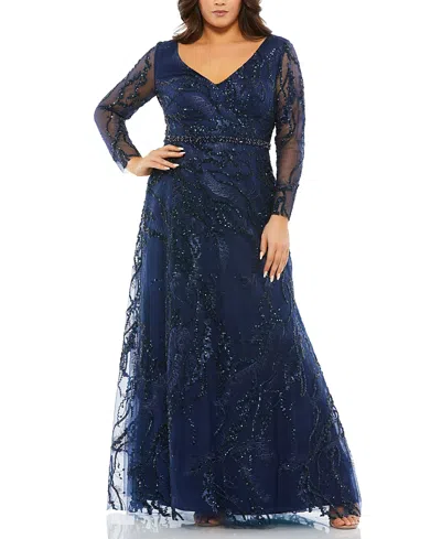 MAC DUGGAL PLUS SIZE EMBELLISHED ILLUSION LONG SLEEVE V-NECK A-LINE GOWN