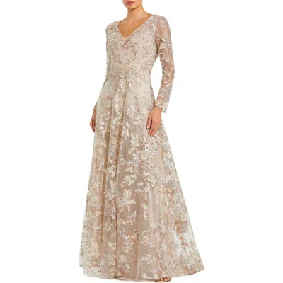 Mac Duggal Embellished Illusion Long Sleeve V Neck Gown In Neutral
