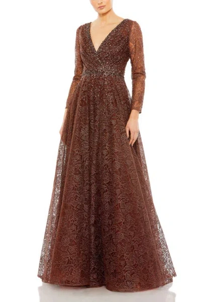 MAC DUGGAL MAC DUGGAL EMBELLISHED ILLUSION LONG SLEEVE V NECK GOWN