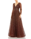 Mac Duggal Floral Embellished Illusion Long Sleeve A-line Gown In Chocolate