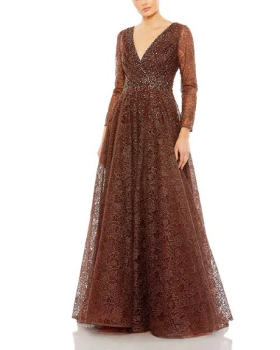 MAC DUGGAL MAC DUGGAL EMBELLISHED ILLUSION LONG SLEEVE V NECK GOWN