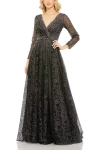Mac Duggal Embellished Illusion Long Sleeve V Neck Gown In Graphite