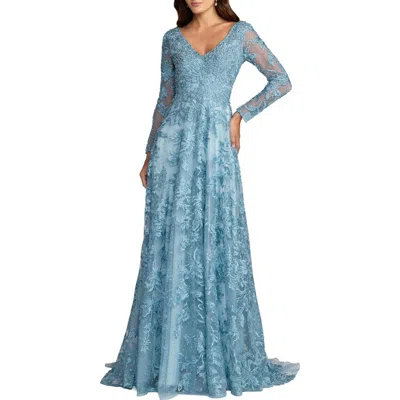 Mac Duggal Embellished Illusion Long Sleeve V Neck Gown In Multi