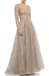 Mac Duggal Embellished Long Sleeve Mesh A-line Gown In Taupe
