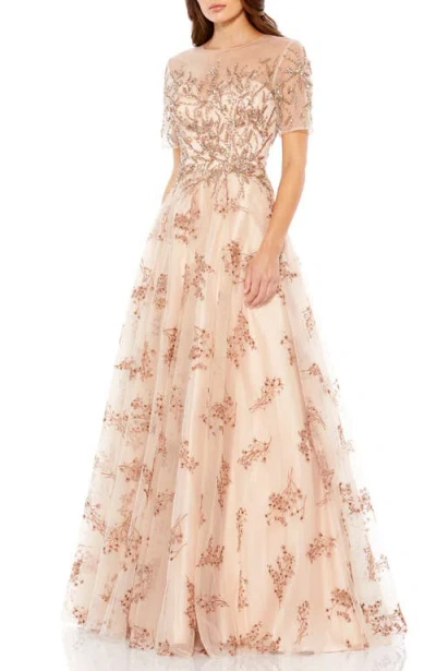 Mac Duggal Embellished Illusion Short Sleeve A Line Gown In Champagne