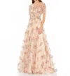Mac Duggal Embellished Illusion Short Sleeve A Line Gown In Champagne In Neutral