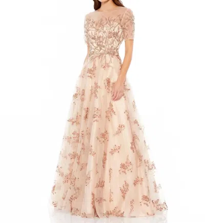MAC DUGGAL EMBELLISHED ILLUSION SHORT SLEEVE A LINE GOWN IN CHAMPAGNE
