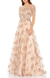Mac Duggal Embellished Illusion Short Sleeve A Line Gown In Neutral