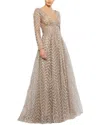 Mac Duggal Embellished Long Sleeve Mesh A-line Gown In Multi