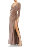 Mac Duggal Embellished Jersey Gown With Faux Wrap Bodice And Thigh-high Slit In Brown