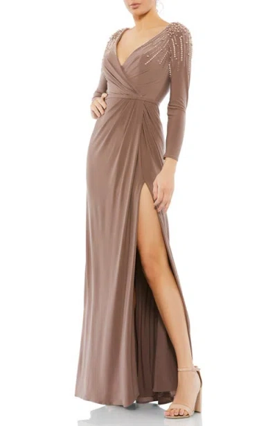 Mac Duggal Embellished Jersey Gown With Faux Wrap Bodice And Thigh-high Slit In Brown