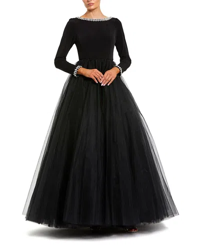 Mac Duggal Embellished Jersey Long Sleeve Ballgown With Tulle Skirt In Black