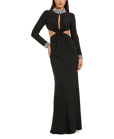 MAC DUGGAL EMBELLISHED JERSEY LONG SLEEVE CUT OUT EVENING GOWN