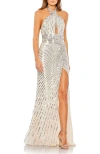 Mac Duggal Embellished Keyhole Halter Strap Draped Gown In Nude Silver