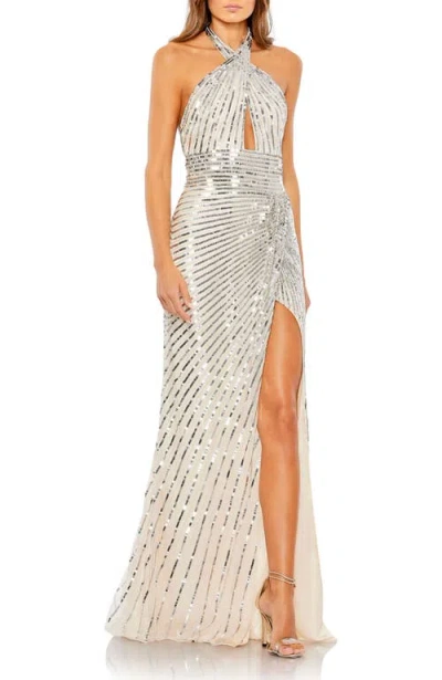MAC DUGGAL MAC DUGGAL EMBELLISHED KEYHOLE HALTER STRAP DRAPED GOWN