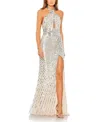 Mac Duggal Embellished Keyhole Halter Strap Draped Gown In Nude Silver
