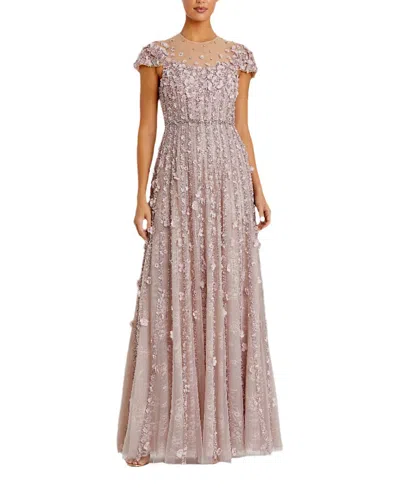 Mac Duggal Embellished Lace Cap Sleeve Illusion Neck Gown In Brown