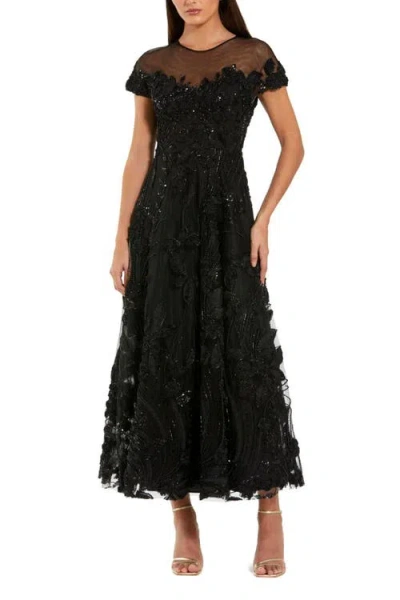 Mac Duggal Embellished Lace Illusion Neck A-line Midi Dress In Black