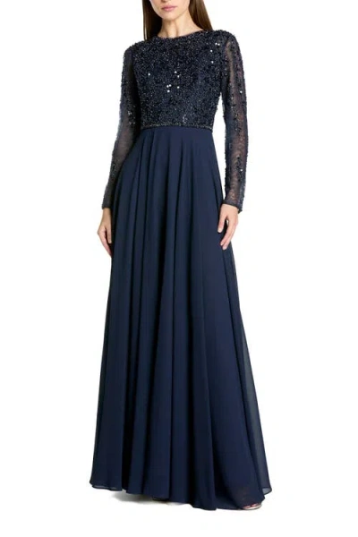 Mac Duggal Embellished Lace Long Sleeve Gown With Chiffon Skirt In Blue