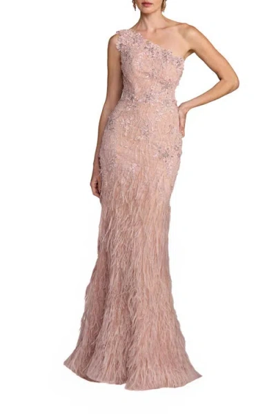 Mac Duggal Embellished Lace One Shoulder Feather Gown In Pink