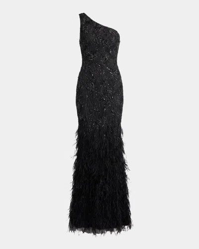 Mac Duggal Embellished Lace One-shoulder Feather Gown In Black