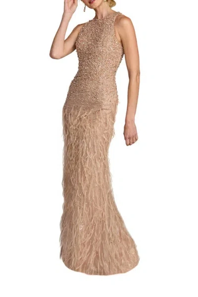 Mac Duggal Embellished Lace Sleeveless Feather Gown In Gold