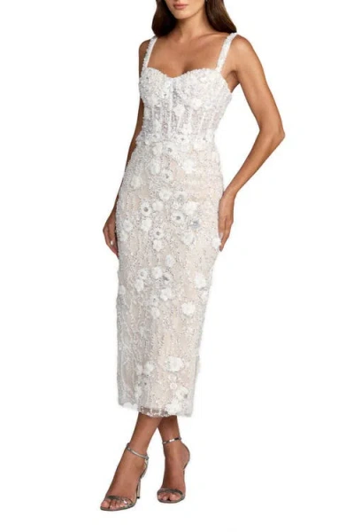 Mac Duggal Embellished Lace Sleeveless Midi Dress In White