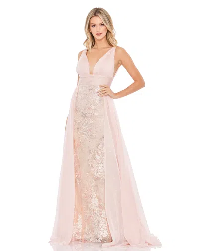 Mac Duggal Embellished Lace Sleeveless V Neck Gown In Blush