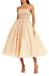 Mac Duggal Embellished Lace Strapless Midi A Line Dress In Champagne