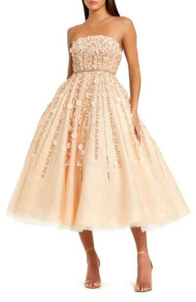 Mac Duggal Embellished Lace Strapless Midi A Line Dress In Champagne