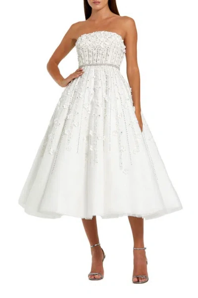 Mac Duggal Embellished Lace Strapless Midi A Line Dress In White