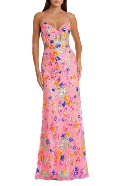 Mac Duggal Embellished Lace Strappy Column Gown In Pink Multi