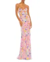 Mac Duggal Metallic Floral Sheath Gown In Pink Multi
