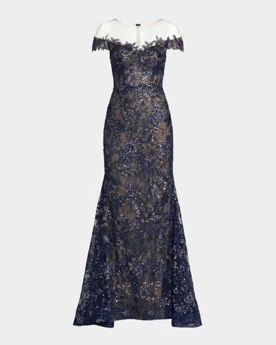 Mac Duggal Embellished Lace Trumpet Gown In Midnight