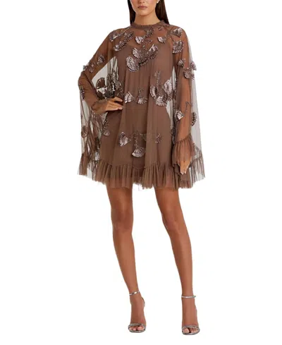 Mac Duggal Embellished Long Flare Sleeve Mesh A-line Dress In Chocolate