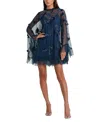 Mac Duggal Long Sleeve Floral Embellished Trapeze Cocktail Dress In Twilight