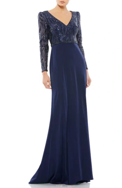 Mac Duggal Embellished Long Sleeve Bodice Column Dress In Midnight