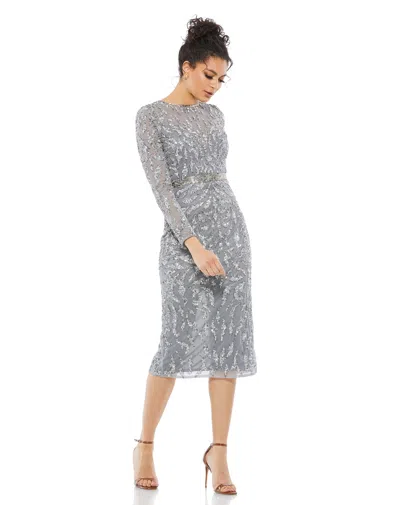 Mac Duggal Embellished Long Sleeve Column Dress In Silver