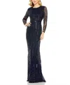 Mac Duggal Sequin Stripe Long Sleeve Column Gown In Blue