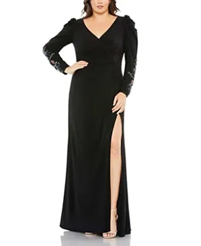 MAC DUGGAL PLUS EMBELLISHED LONG SLEEVE FAUX WRAP GOWN