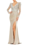 MAC DUGGAL EMBELLISHED LONG SLEEVE FAUX WRAP GOWN
