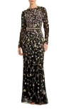 Mac Duggal Hand Embellished Long Sleeve High Neck Gown In Black Multi