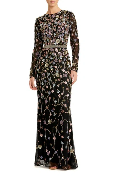 Mac Duggal Embellished Long Sleeve Mesh Gown In Black Multi