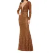 Mac Duggal Embellished Long Sleeve Plunge Trumpet Gown In Bronze In Brown