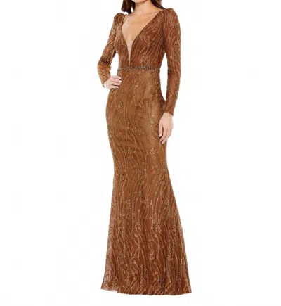 Mac Duggal Embellished Long Sleeve Plunge Trumpet Gown In Bronze In Brown