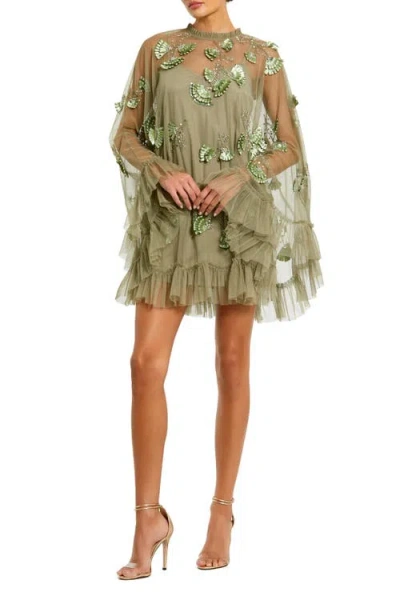 Mac Duggal Embellished Long Sleeve Trapeze Dress With Ruffle Hem In Green