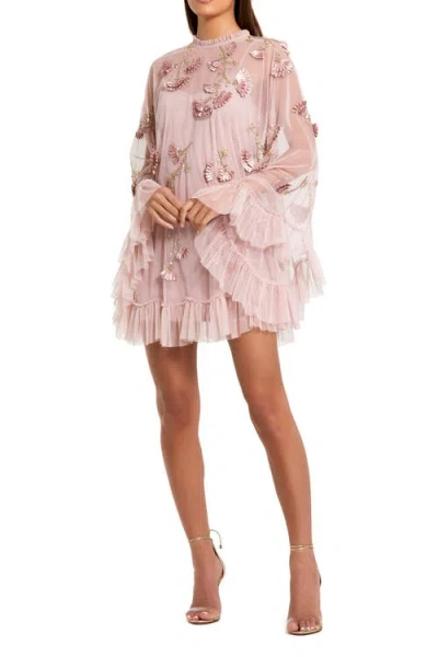 Mac Duggal Embellished Long Sleeve Trapeze Dress With Ruffle Hem In Neutral